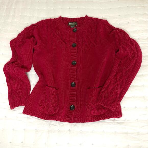 Eddie Bauer Cable Knit Long Sleeve Cardigan Sweater Women's L Red Knit | EUC - Picture 1 of 13